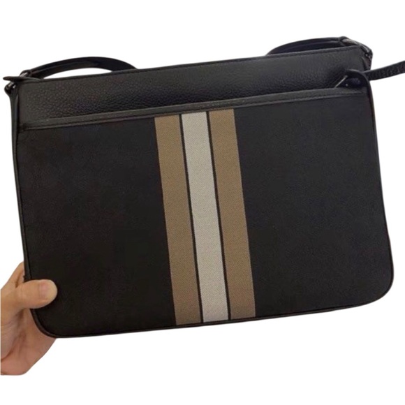 Coach Thompson Signature Stripe Messenger Crossbody Bag | Black Leather Canvas - Picture 13 of 16